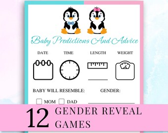 12 giochi stampabili per la rivelazione del sesso del bambino: Pacchetto di giochi per la rivelazione del sesso del pinguino, Gioco per la rivelazione del sesso del bambino: maschio o femmina, SCARICA