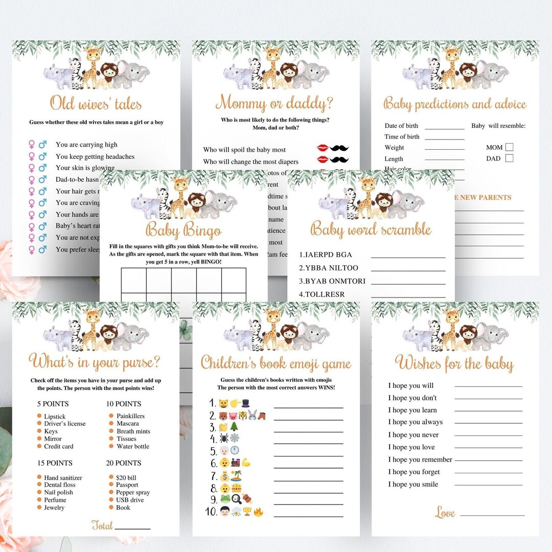 8 Printable Safari Baby Shower Games Safari Animals Baby - Etsy