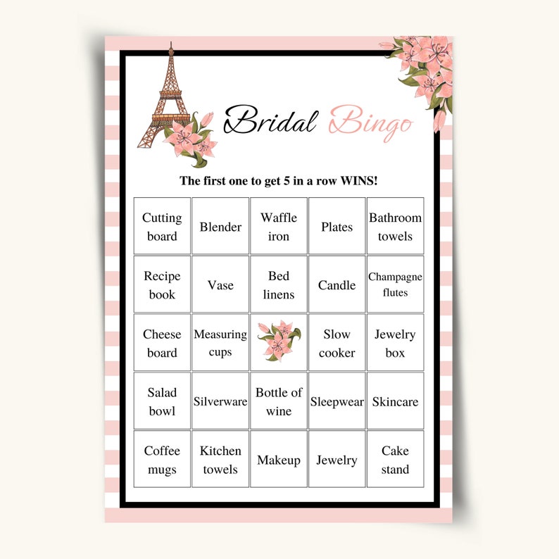 50 Printable Bridal Shower Bingo Cards, Prefilled Bridal Bingo Game