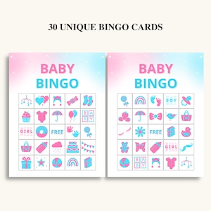 May include: Two pink and blue baby shower bingo cards with a variety of baby-themed icons, including a pacifier, a rattle, a baby bottle, a cupcake, a baby carriage, a rainbow, a teddy bear, a butterfly, a pair of socks, a baby onesie, a heart, a star, a ball, a book, a cake, a cloud, a gift box, a bow tie, a bird, a flower, a handprint, a footprint, a lollipop, and a banner. The cards say "Baby Bingo" at the top.