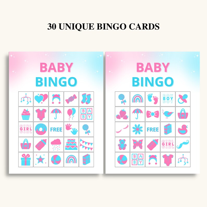 30 Printable Gender Reveal Bingo Cards | Gender Reveal Picture Bingo ...