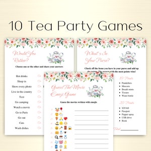 Puede incluir: Un conjunto de juegos de fiesta del té imprimibles con bordes florales. Los juegos incluyen "Would You Rather", "What's In Your Purse?" y "Guess The Movie Emoji Game".