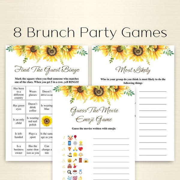 8 Printable Brunch Games For Adults | Sunflower Brunch Party Games | Birthday Brunch Games | Brunch And Bubbly Games | DOWNLOAD