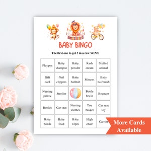 30 cartes de bingo imprimables pour baby shower de cirque | 5 x 7 po. Cartes de bingo pour bébés animaux du cirque | Jeux de baby shower de carnaval | TÉLÉCHARGER