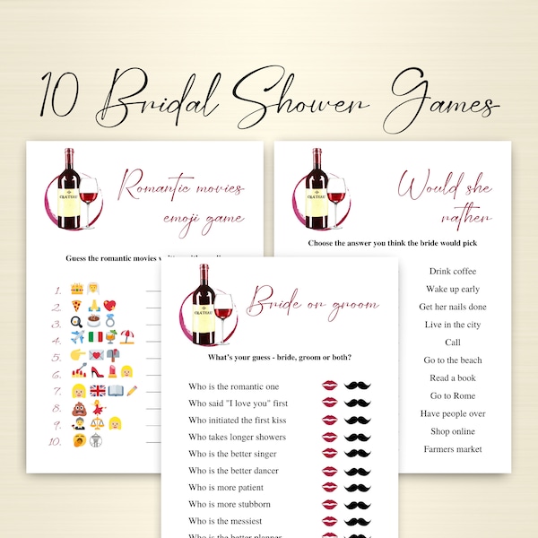 10 jeux nuptiales imprimables sur le thème du vin | Ensemble de jeux de douche nuptiale Winery | Jeux de brunch pour la douche nuptiale au vin | TÉLÉCHARGER