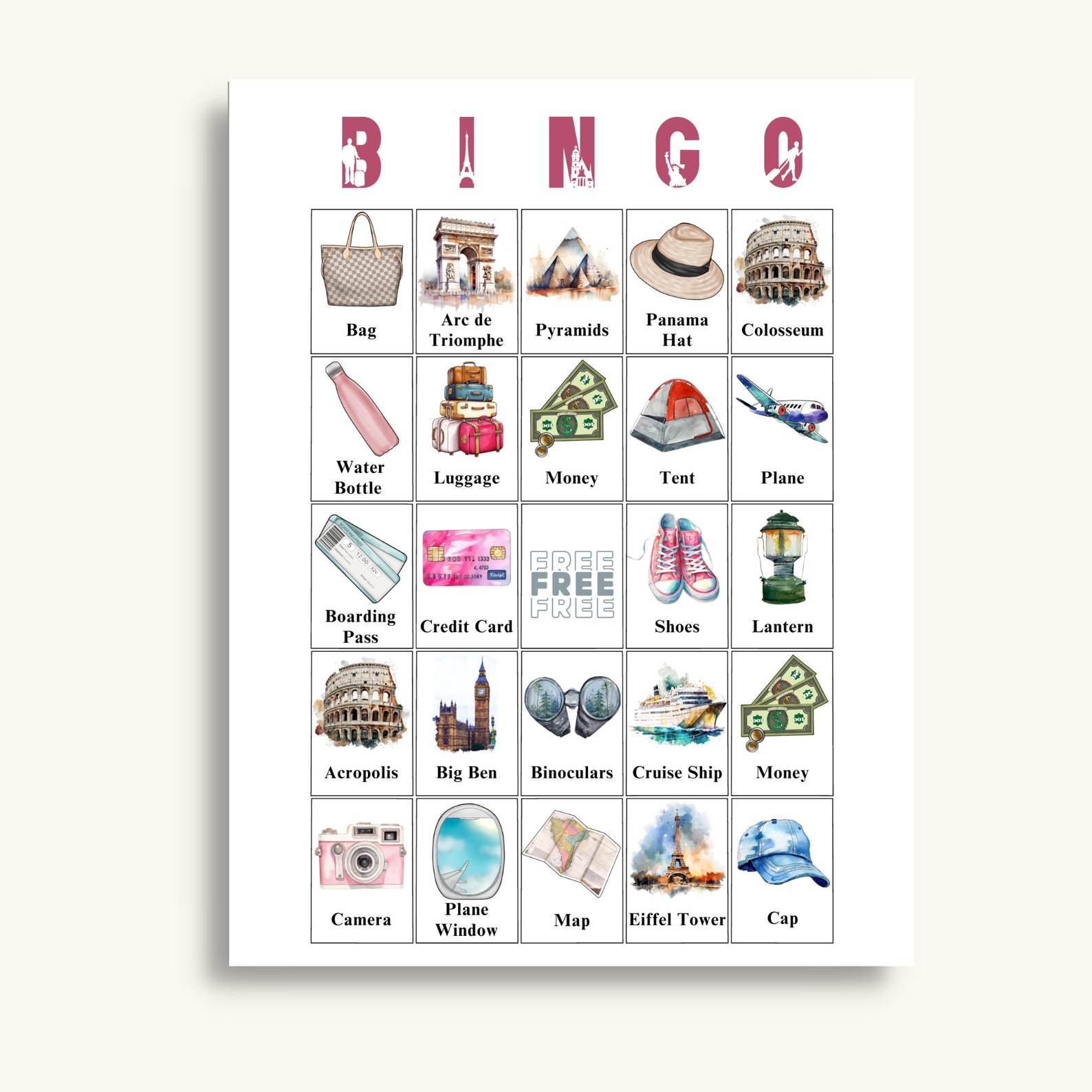 50 Printable Travel Bingo Cards Picture Bingo Cards for A Travel Themed Party, Travel Themed ...