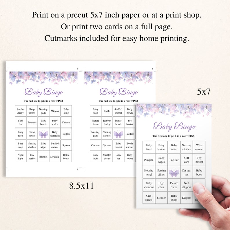 30 Printable Butterfly Baby Shower Bingo Cards 5x7'' Purple Butterfly ...