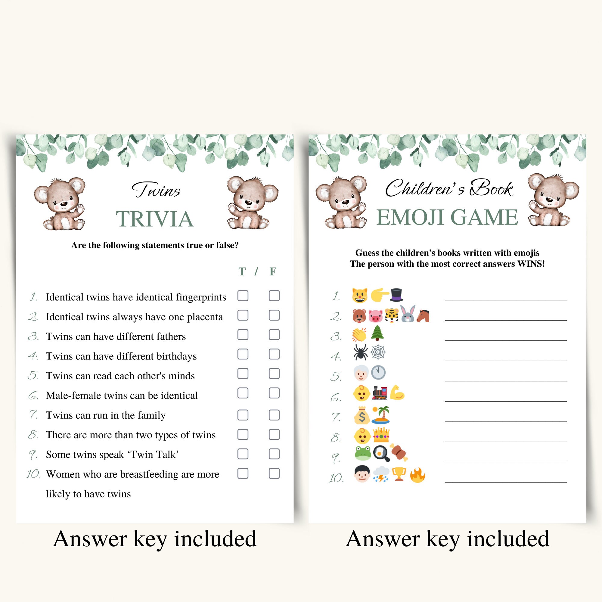 14 Printable Twin Baby Shower Games Twin Boy and Girl Baby Shower Game ...