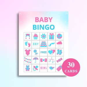 30 cartones de bingo de revelación de género imprimibles / bingo de imagen de revelación de género / juegos de revelación de género azul y rosa / tamaño carta de EE. UU. y A4 / DESCARGAR
