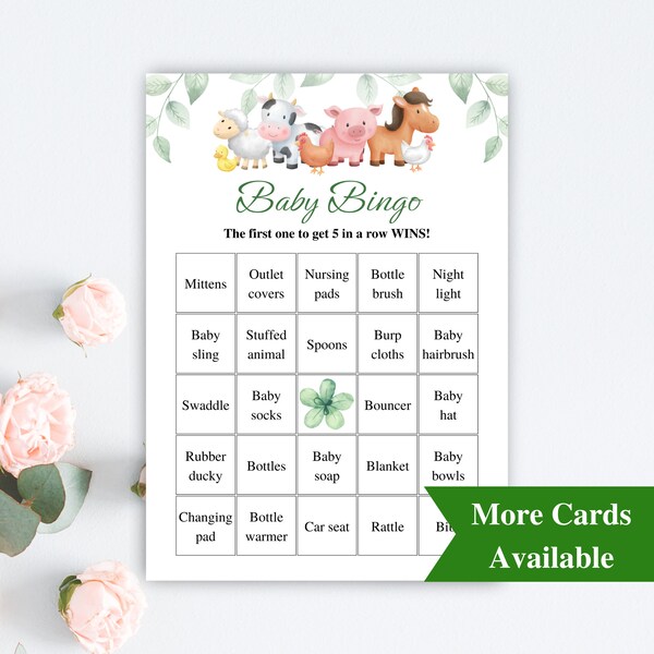 30 Printable Prefilled Baby Shower Bingo Cards, Farm Baby Shower Bingo Cards, Barnyard Baby Shower Games, Baby Bingo Prefilled DOWNLOAD