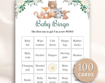 100 Printable Woodland Baby Shower Bingo Cards: Prefilled Gift Bingo, Forest Theme DOWNLOAD