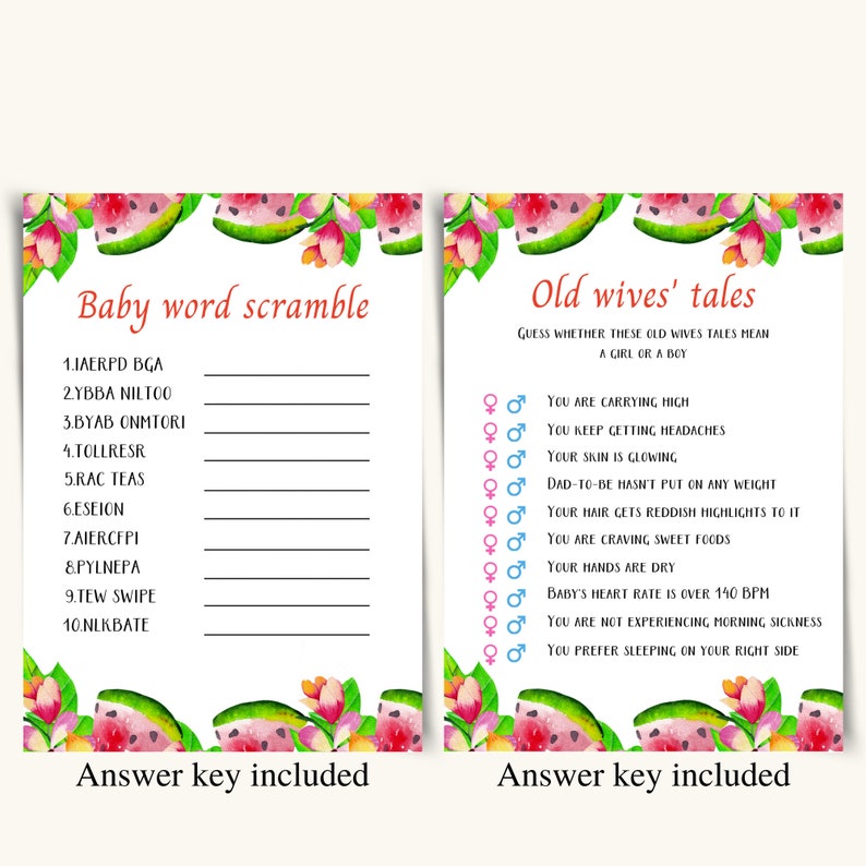 Printable Watermelon Baby Shower Games, Fruit Baby Shower Game Bundle