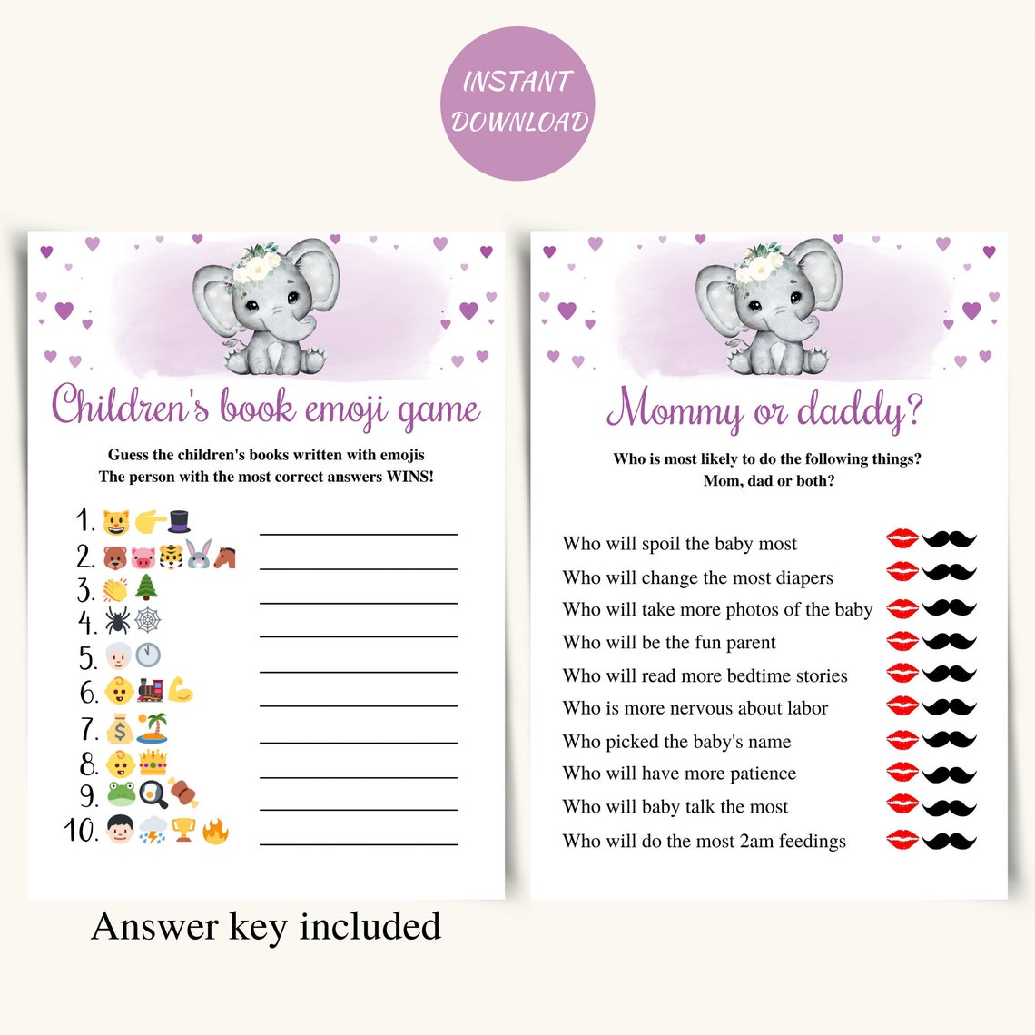 8 Printable Elephant Baby Shower Games, Purple Elephant Baby Shower Game Bundle, Little Peanut