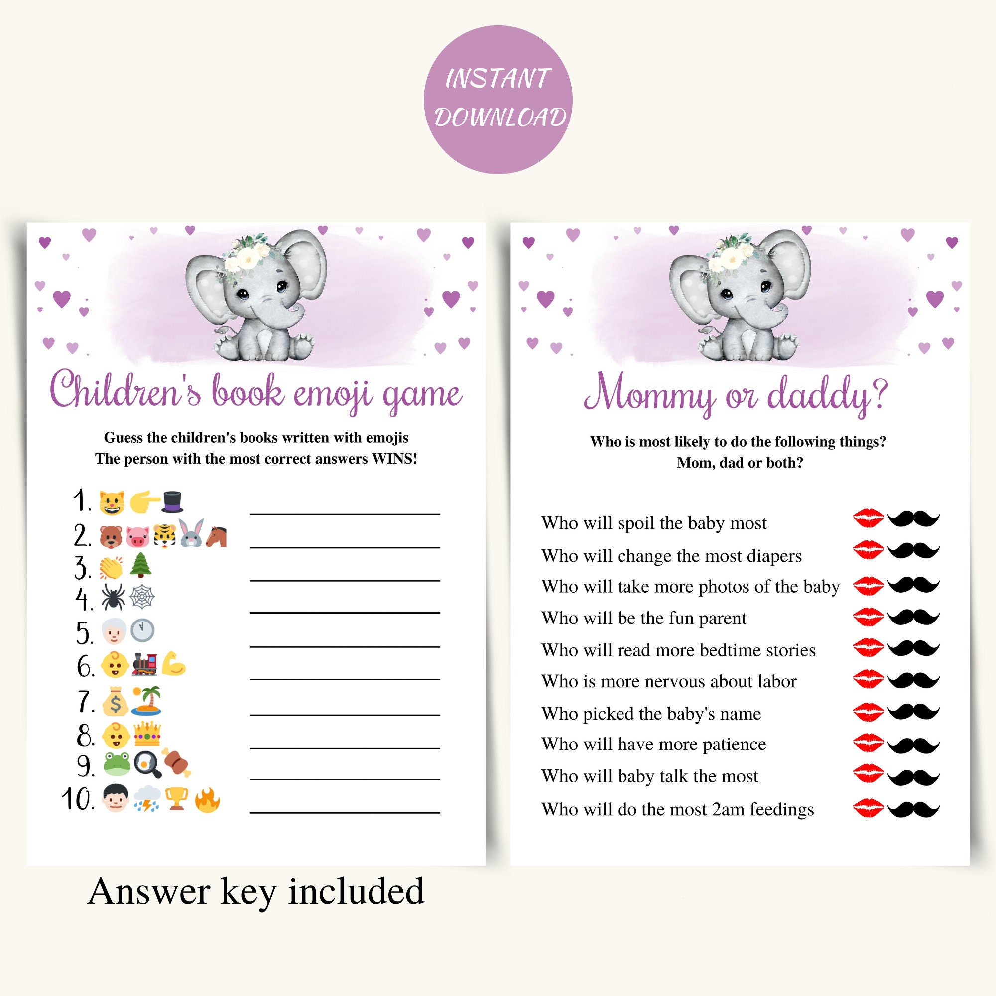 8 Printable Elephant Baby Shower Games, Purple Elephant Baby Shower ...