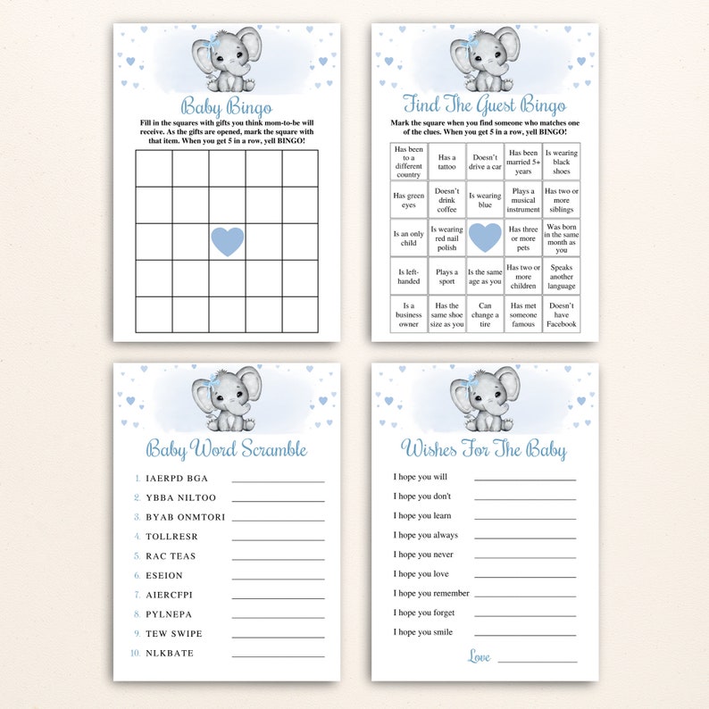 16 Printable Elephant Baby Shower Games, Boy Elephant Baby Shower Game ...