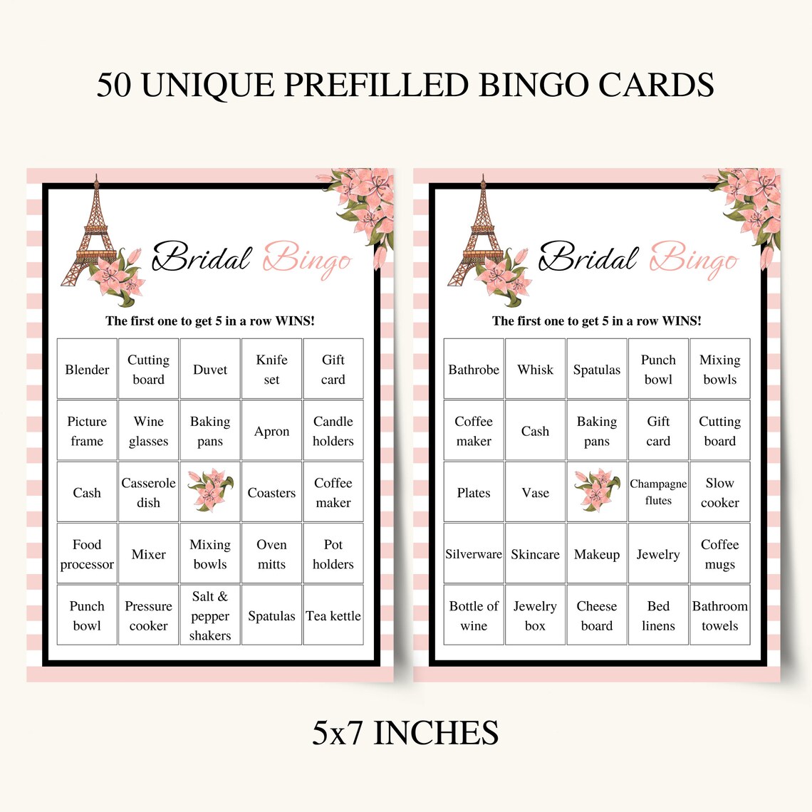 50 Printable Bridal Shower Bingo Cards Prefilled Bridal Bingo Etsy