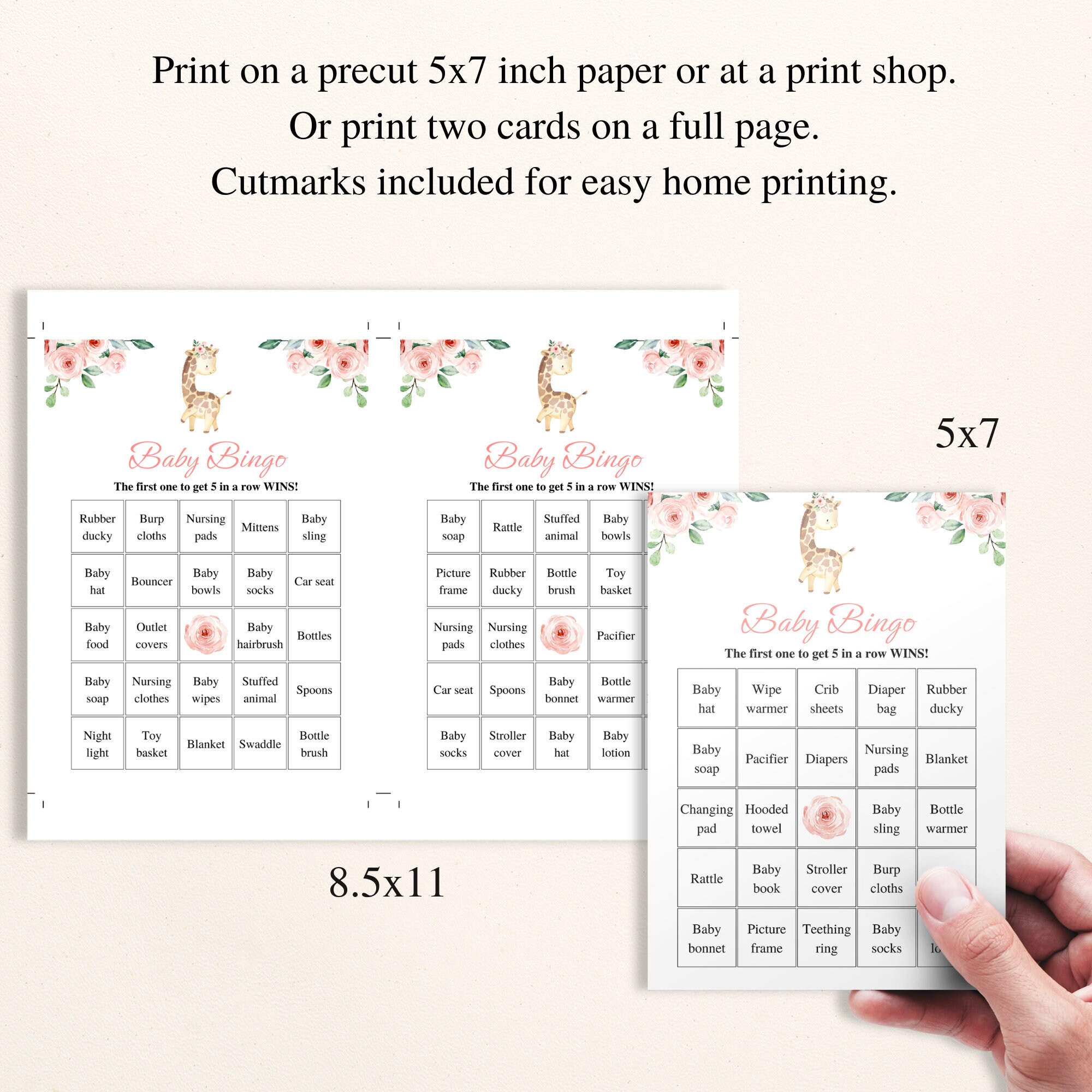 30 Printable Pink Giraffe Baby Shower Bingo Cards 5x7'' Prefilled Baby ...