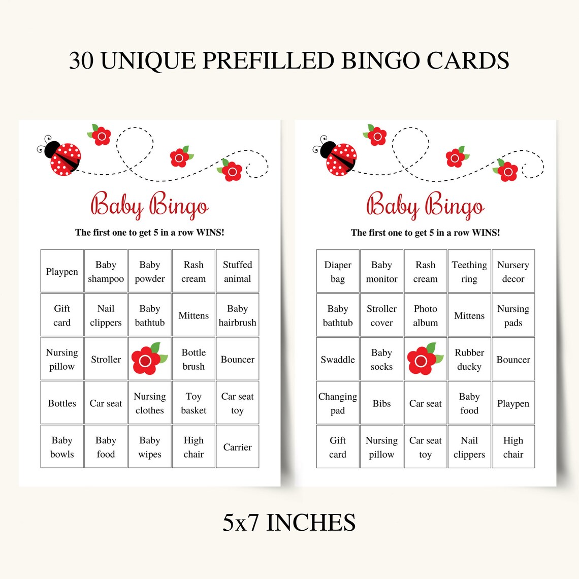 30 Printable Prefilled Baby Shower Bingo Cards, Ladybug Baby Shower Bingo Cards, Red Baby Shower ...