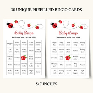 30 Printable Prefilled Baby Shower Bingo Cards, Ladybug Baby Shower Bingo Cards, Red Baby Shower ...