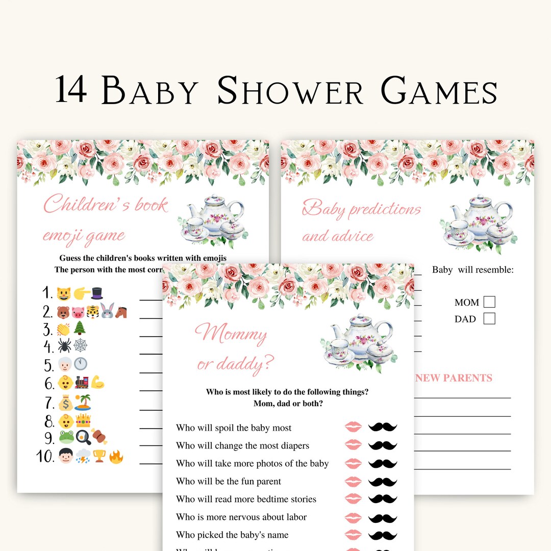 14 Printable Tea Party Baby Shower Games, Afternoon Tea Baby Shower