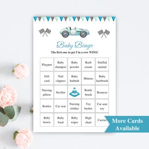 30 druckbare blaue Rennauto-Babyparty-Bingokarten | 5x7 '' vorgefüllte Racing Baby Bingo Karten | Racing Themen Babyparty Spiele | HERUNTERLADEN
