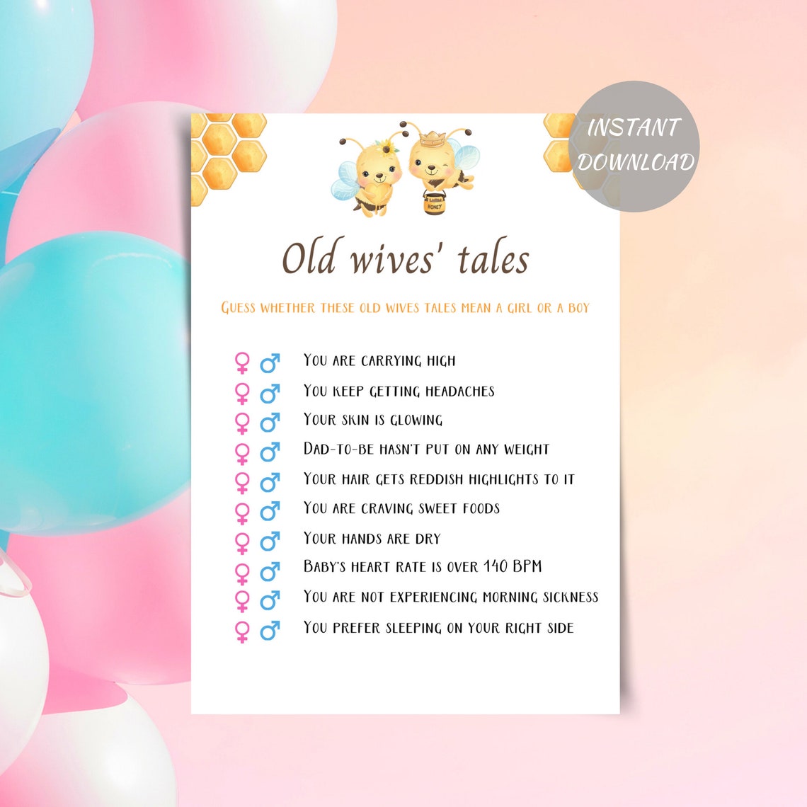 printable gender reveal old wives tales game 5x7 he or she etsy