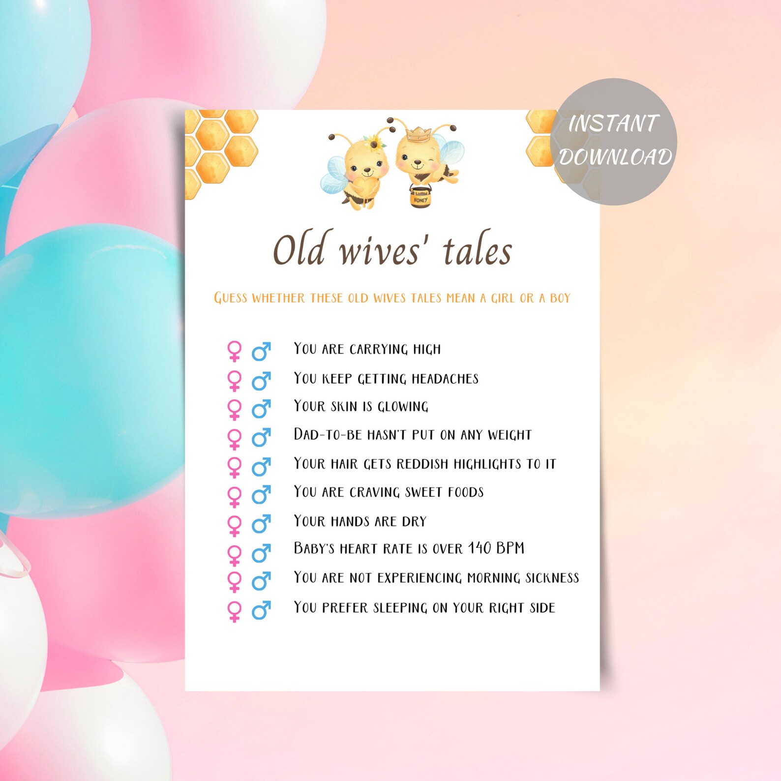 Printable Gender Reveal Old Wives Tales Game 5x7 He Or She | Etsy
