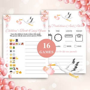 16 Printable Stork Baby Shower Games | Pink Stork Theme Baby Shower Game Bundle | Girl Baby Shower Games | DOWNLOAD