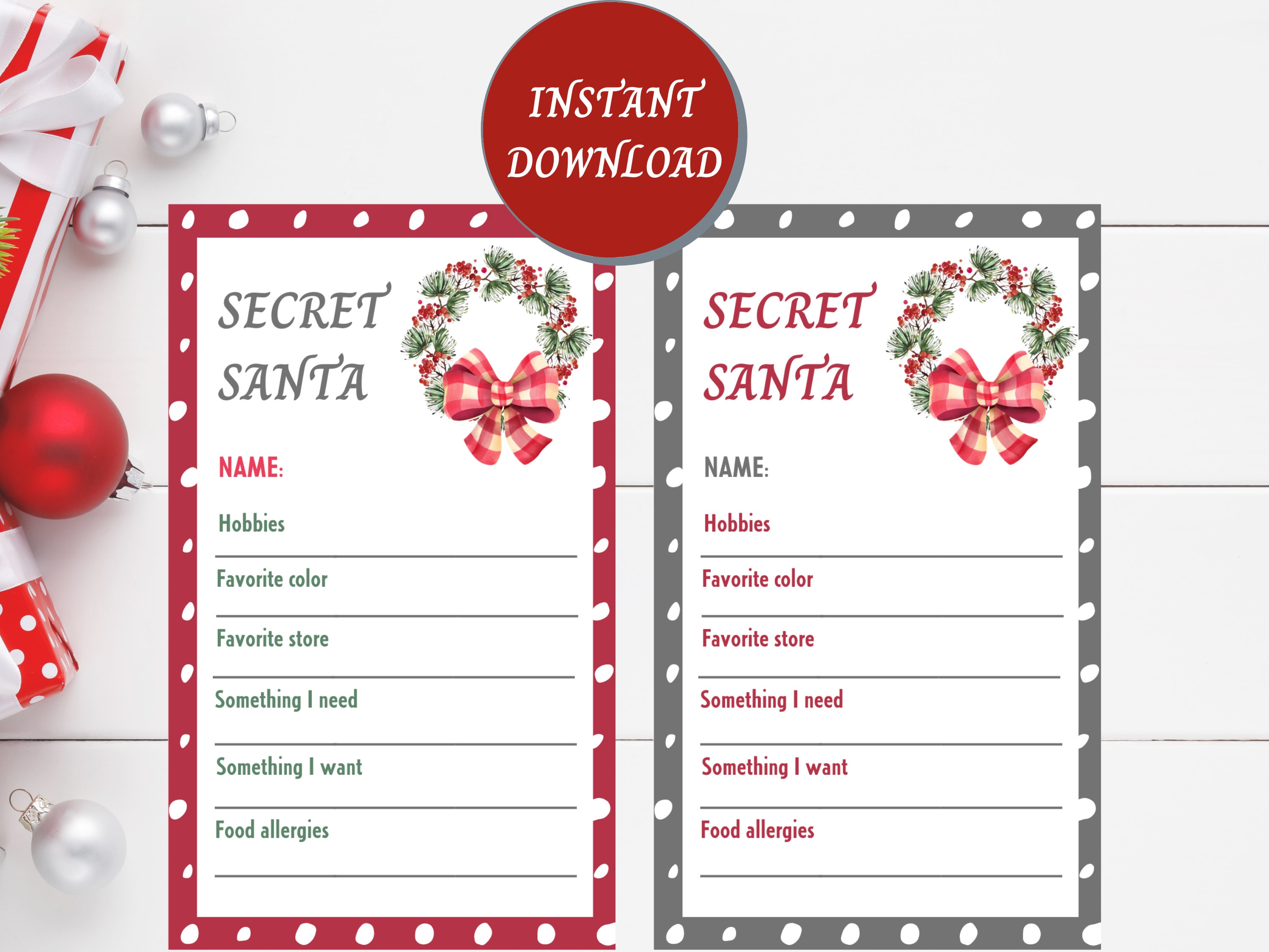 CHRISTMAS CLEARANCE Secret Santa Printable Sign Up Sheet Etsy