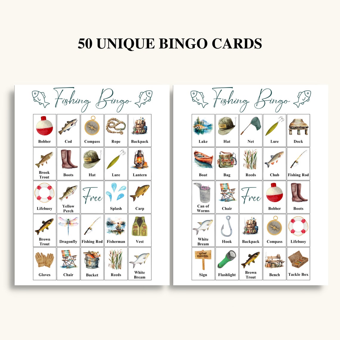 50 Printable Fishing Bingo Cards Fishing Themed Picture Bingo Fishing ...