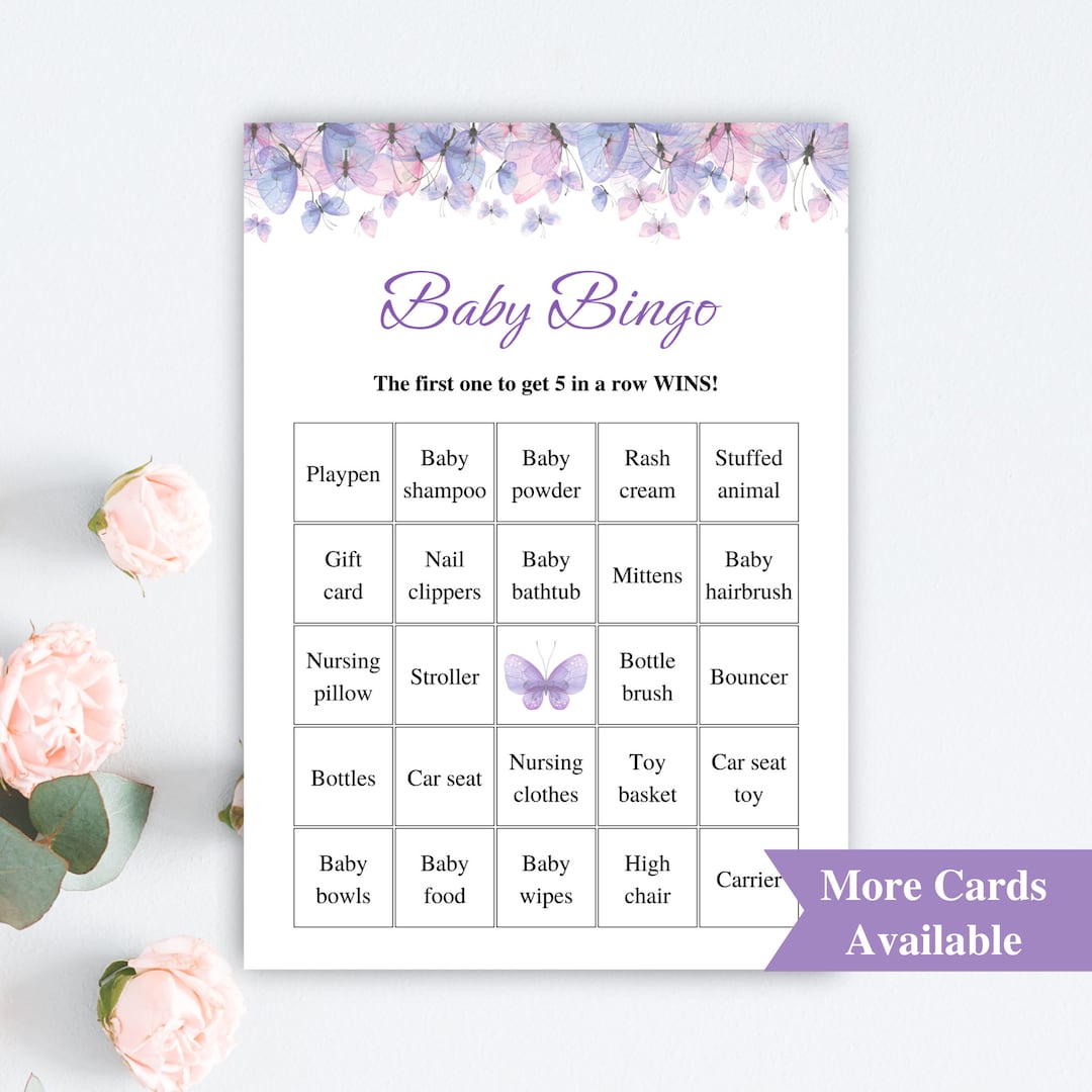 30 Printable Butterfly Baby Shower Bingo Cards | 5x7'' Purple Butterfly ...