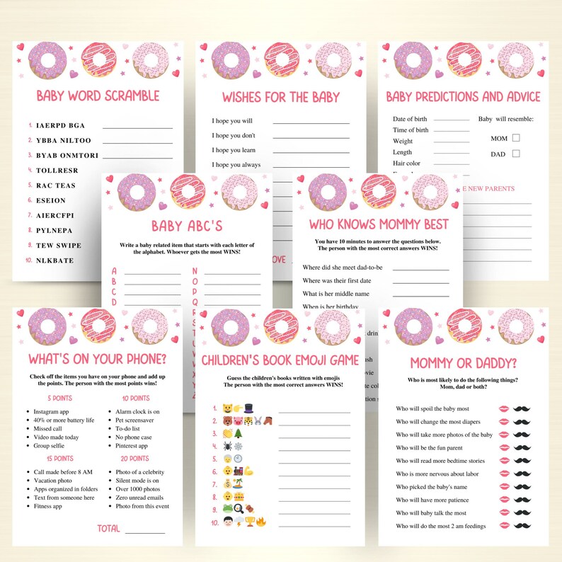 8 Printable Donut Baby Shower Games Pink Doughnut Baby - Etsy