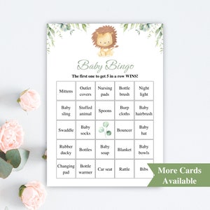 30 cartes de bingo imprimables pour baby shower Lion | Cartes de bingo préremplies pour bébé de 5 x 7 po. | Jeux de baby shower dans la jungle | TÉLÉCHARGER