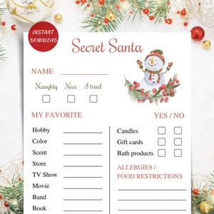 Cuestionario de Papá Noel secreto imprimible, tarjetas de información de Papá Noel secreto de trabajo 5x7, preguntas de intercambio de regalos de Navidad, lista de deseos de Navidad de Papá Noel secreto