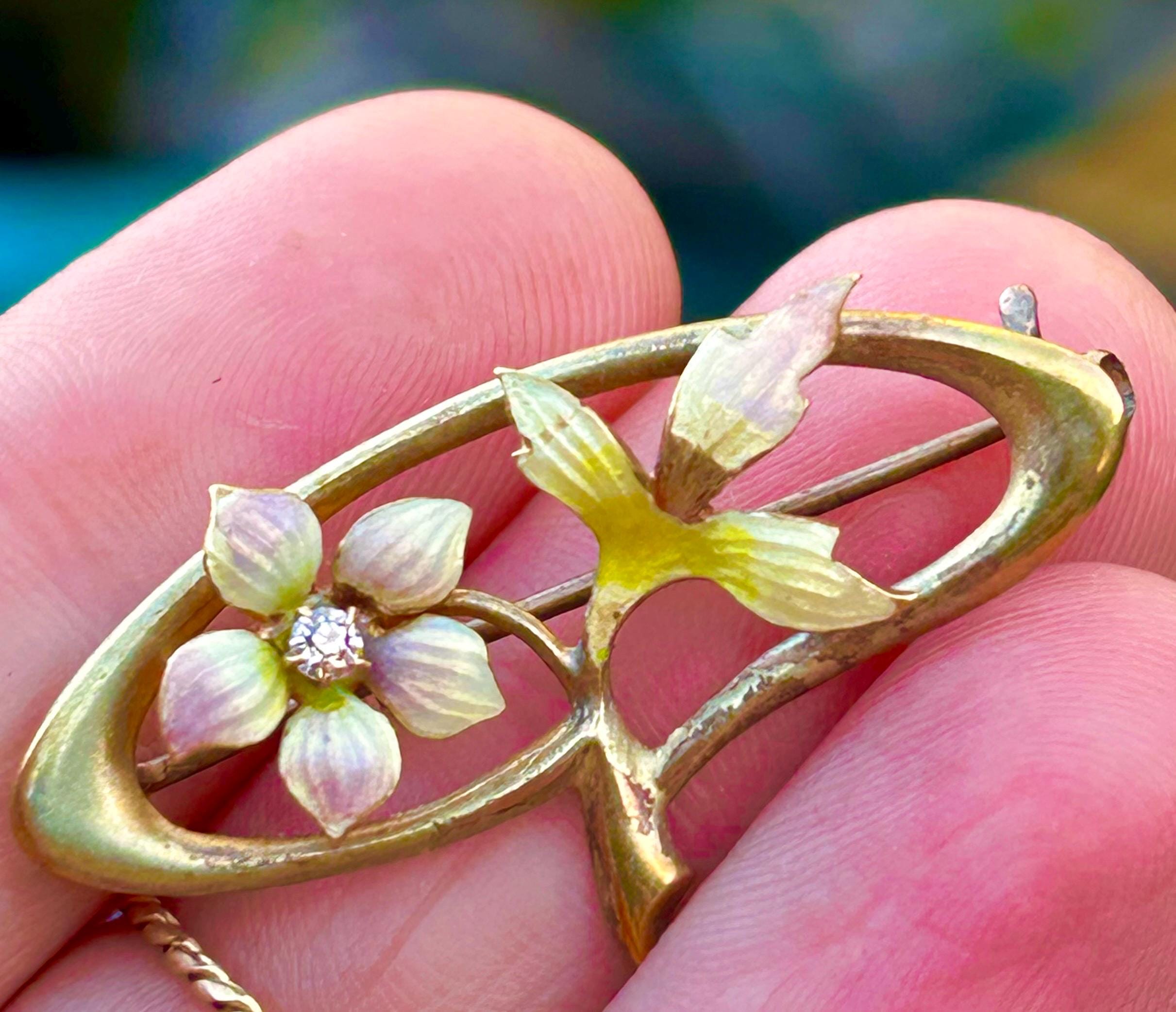 Broche Antique Française En Or 18k émail Feuilles Fleurs Victorienne - Perle Naturelle, Vintage
