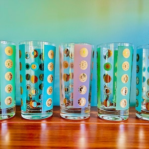 Atomic Fred Press barware COLOR cocktail starburst glasses collin highball mid century collection culver Baird antique vintage celestial mcm