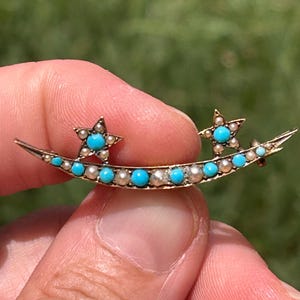 9k antique natural gold turquoise brooch Art Nouveau Art Deco victorian seed pearl rare pendant Irish enamel pearl gemstone jewelry pin