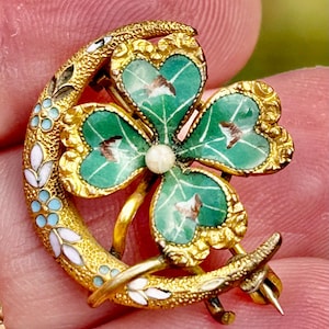 Gold Enamel shamrock four leaf clover brooch pin brooch  Art Nouveau Art Deco victorian seed pearl rare pendant Irish painted engraved