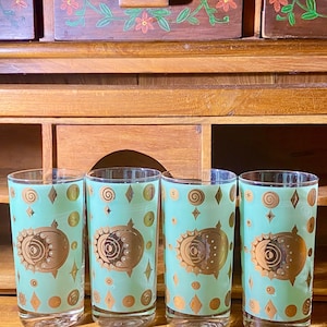 Fred Press Seafoam Green Gläser: Atomic Starburst Mid Century Barware