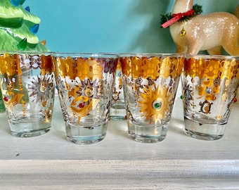 5 Bejeweled cordial Culver Small World Glasses with colorful acrylic 3D rhinestones. 22k gold gilding Holiday lowball glasses gift