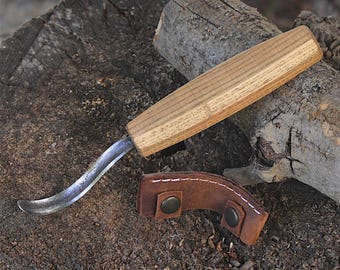 Hand Forged Spoon Carving Yakut Hook Knife Carbon Steel | Wood Carving Hook Tool for Bowls Kuksa | Leather Sheath Bushcraft Gift