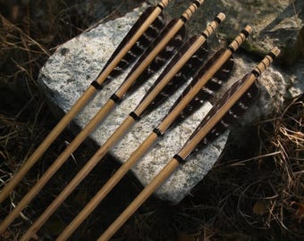 Traditional Wooden Arrows, Natural Feather Fletching, Self Nock (Set of 6, 12, or 24)