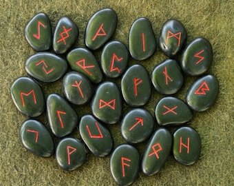 Elder Futhark Rune Stones Set, 24 Viking Runes Black River Stones, Bushcraft Outdoor Gift for Men, Pagan Oracle Set with Pouch