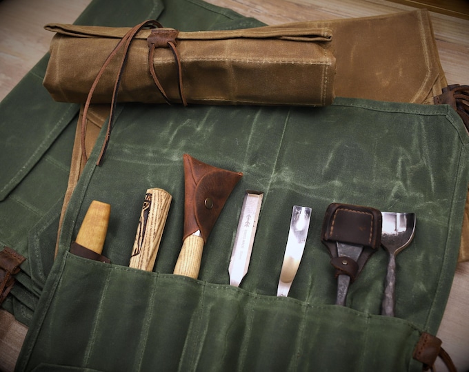 Waxed Canvas Roll-Up Tool Bag: Bushcraft & Utensil Organizer