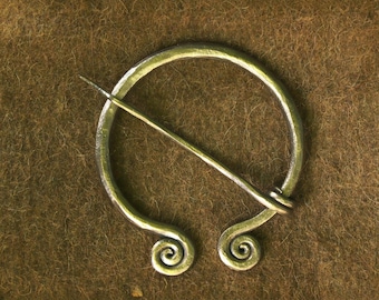 Hand-Forged Carbon Steel Penannular Brooch, Viking Cloak Pin, Spiral Terminals