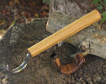 Hand Forged Yakut Hook Knife | Long Handle Spoon Carving Tool, Carbon Steel Bushcraft Knife