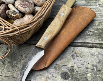 Hand-Forged Mushroom Knife with Brush | 52100 Carbon Steel Foraging Knife, Ash Handle, Leather Sheath