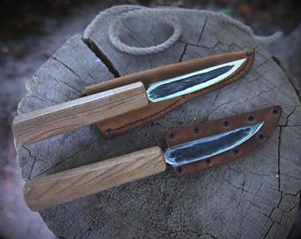 Yakut knife with square ash wood handle + leather sheath