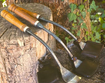 Hand-Forged Swan Neck Gouge 50mm | Carbon Steel Wood Carving Chisel, Ash Handle, Leather Sheath