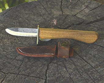 Hand-Forged Kids Carving Knife | 52100 Steel, Ash Handle, Finger Guard (Leather Sheath)